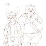  1:1 2020 anthro belly blush bottomwear cai1448331577 canid canine clothing duo eyewear glasses hand_holding hat headgear headwear hi_res kemono male male/male mammal overweight overweight_male phone shirt shorts topwear ursid 