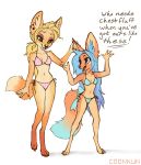  anthro bikini blonde_hair blue_eyes blue_hair canid canine clothing coonkun dialogue digitigrade duo ear_piercing english_text female fennec fox hair inner_ear_fluff kelseyfox long_hair mammal open_mouth piercing ponytail red_fox ribbons side_tie_bikini spotted_bikini swimwear tail_bow tail_ribbon text touching_ears tuft 