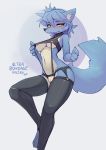  2020 anthro barefoot black_nose blue_body blue_fur blue_hair blush breasts canid canine canis clothing collar crotchless_clothing crotchless_panties crotchless_underwear digital_media_(artwork) female fur genitals hair hi_res legwear lingerie looking_aside maku_(maku450) mammal navel nipples panties pussy simple_background smile snout solo stockings ultrabondagefairy underwear wolf yellow_eyes 