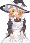  1girl apron apron_tug black_dress blonde_hair blush bow braid commentary_request dress frilled_apron frills hair_between_eyes hair_bow hat hat_bow highres kirisame_marisa kmuccu long_hair looking_at_viewer nervous open_mouth red_bow simple_background single_braid solo touhou white_apron white_background white_bow witch witch_hat yellow_eyes 