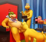  2020 anthro balls bandanna belly big_belly blush bow_tie bowser_jr. bulge burger butt cake chair chocolate_cake clothing cups curtains cutlery eyebrows feeding food fork furniture genitals group hair hi_res kitchen_utensils koopa koopa_troopa male male/male mario_bros musclegut muscular muscular_male nintendo nude oral penis plates popcorn scalie skinny teeth throne timidwithapen tongue tools underwear video_games 