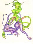  3_toes alien alien_humanoid ambiguous_gender antennae_(anatomy) ass_up black_sclera breasts double_tail duo erect_nipples eyes_closed female flying genitals green_body green_skin hands_behind_head humanoid intersex intersex/female liking long_ears long_tail looking_at_viewer looking_pleasured lvl9drow nipples not_furry nude nymph one_eye_closed open_mouth pink_nipples purple_body purple_skin pussy raised_tail simple_background sky_nymph spread_legs spreading toes tongue tongue_out white_background wink 