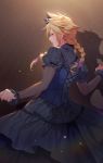  1boy bangs black_dress blonde_hair blue_eyes bow braid cloud_strife crossdressing dress earrings final_fantasy final_fantasy_vii final_fantasy_vii_remake frilled_sleeves frills from_behind hair_bow highres hmniao jewelry male_focus pink_bow solo spiked_hair standing twin_braids 