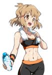  1girl abs bangs bike_shorts black_shorts black_sports_bra bottle breasts brown_hair chupirinko commentary cowboy_shot hair_ornament hairclip holding holding_bottle holding_towel looking_to_the_side medium_breasts navel open_mouth orange_eyes senki_zesshou_symphogear short_hair shorts simple_background single_vertical_stripe smile solo standing sweat tachibana_hibiki_(symphogear) towel towel_around_neck water_bottle white_background white_towel 