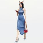  1girl animal_ears arknights bag black_hair blue_dress cellphone dobermann_(arknights) dog_ears dog_girl dress eyewear_on_head handbag high_heels looking_at_viewer open_mouth phone simple_background solo sunglasses white_background wonbin_lee 