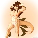  1:1 breasts brown_hair ear_piercing ear_ring female fin fish genitals hair hands_behind_head hi_res jewelry marine muscular muscular_female necklace nipples non-mammal_breasts piercing pink_eyes pussy raised_arm shark snowiezegreight solo thick_tail thick_thighs 