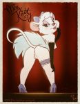  2019 anthro anus armwear breasts butt clothing disney elbow_gloves eyeshadow female footwear full-length_portrait fur genitals gloves handwear high_heels joe_randel leaning leaning_forward makeup mammal miss_kitty_mouse mouse murid murine nipples portrait presenting presenting_hindquarters pussy rear_view rodent shoes solo text the_great_mouse_detective white_body white_fur 