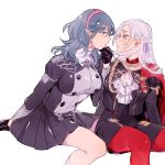  2girls aiguillette bangs bare_legs black_gloves black_shirt black_shorts black_skirt blue_eyes blue_hair blush breasts byleth_(fire_emblem) byleth_(fire_emblem)_(female) capelet commentary cravat edelgard_von_hresvelg eyelashes face-to-face fire_emblem fire_emblem:_three_houses from_side garreg_mach_monastery_uniform gloves hair_between_eyes hair_ribbon hairband highres holding_another&#039;s_hair invisible_chair large_breasts lips long_hair long_sleeves medium_breasts medium_hair miniskirt mizuno_(iori-amu) multiple_girls pantyhose parted_bangs parted_lips pleated_skirt profile purple_eyes red_capelet red_legwear ribbon shirt shorts silver_hair simple_background sitting skirt straight_hair sweatdrop thighs white_background yuri 