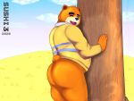  2020 4:3 animal_crossing anthro belly blush brown_body brown_fur butt clothing eyes_closed fur hi_res humanoid_hands male mammal nintendo outside overweight overweight_male shirt solo sushi_san3 teddy_(animal_crossing) topwear ursid video_games 