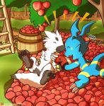  anthro apple appletree blue_body chicostyx claws digimon digimon_(species) digital_media_(artwork) dragon duo eyes_closed fak&eacute;mon fan_character feral food fruit guilmon happy hi_res hybrid javascript:void(0) lying male markings on_back on_front open_mouth outside plant sven_the_giramon text toe_claws url veemon vitrex white_body 