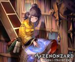  1girl bangs black_hair chinese_clothes copyright_name dream_catcher essual_(layer_world) hair_up highres ladder looking_at_viewer magic_circle official_art scroll sitting solo watermark wide_sleeves yellow_eyes zenonzard 