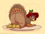  all_fours anthro anus ass_up avian big_butt bird brown_body brown_feathers butt butt_focus feathers female full-length_portrait galliform genitals holidays joe_randel nude on_plate phasianid plate portrait presenting presenting_hindquarters presenting_pussy pussy rear_view solo thanksgiving turkey 