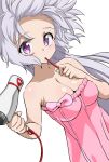  1girl alternate_hairstyle bare_shoulders breasts brushing_teeth chupirinko cleavage closed_mouth commentary drying drying_hair dutch_angle hair_down hair_dryer holding large_breasts lavender_hair long_hair looking_at_viewer pink_towel purple_eyes senki_zesshou_symphogear simple_background solo standing toothbrush toothpaste towel very_long_hair white_background yukine_chris 