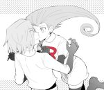  1boy 1girl accidental_kiss atsumi_yoshioka greyscale kiss kojirou_(pokemon) monochrome musashi_(pokemon) pokemon pokemon_(anime) team_rocket yoshiiiika 