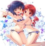  2girls areola_slip areolae ass bare_legs bare_shoulders barefoot bikini blue_bikini blue_hair bracelet breasts commentary_request drill_hair fang gochuumon_wa_usagi_desu_ka? hair_bun hand_on_another&#039;s_shoulder jewelry jouga_maya long_hair looking_at_viewer lowleg lowleg_bikini multiple_girls natsu_megumi navel one_eye_closed open_mouth pearl_bracelet plaid plaid_bikini red_eyes red_hair sasai_saji side-tie_bikini small_breasts swimsuit twin_drills untied untied_bikini white_background yellow_eyes 