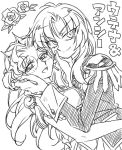  2girls bare_arms crown earrings epaulettes flower glasses hacchi_(tennencalpis) hand_on_another&#039;s_ear hand_on_another&#039;s_face himemiya_anthy jacket jewelry long_hair long_sleeves looking_at_viewer monochrome multiple_girls rose shoujo_kakumei_utena smile tenjou_utena tiara 