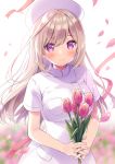  1girl blurry blurry_background blush breasts commentary_request eyebrows_visible_through_hair flower hair_between_eyes hat holding holding_flower light_brown_hair looking_at_viewer medium_breasts mole mole_under_eye nurse nurse_cap original petals purple_eyes short_sleeves smile solo sumisaki_yuzuna tulip 