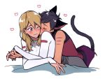  2girls adora_(she-ra) animal_ears bare_arms blonde_hair blue_eyes blush brown_hair cat_ears cat_girl catra cheek_kiss closed_eyes dcon_34 heart highres holding_hands kiss masters_of_the_universe multiple_girls one_eye_closed she-ra_and_the_princesses_of_power shirt short_hair tail white_background white_shirt yuri 