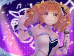  1girl :3 \m/ armlet bangs blunt_bangs bow bracelet breasts brown_eyes choker closed_mouth dress eyebrows_visible_through_hair frilled_dress frills gloves hair_bow hair_ornament hair_up highres holding holding_microphone idolmaster idolmaster_cinderella_girls jewelry light_particles looking_at_viewer medium_breasts medium_hair microphone mimuta moroboshi_kirari orange_hair pearl_(gemstone) pearl_bracelet pearl_choker sidelocks signature sleeveless sleeveless_dress solo sparkle stage star star_hair_ornament starry_sky_bright strapless strapless_dress tiara twintails upper_body wavy_hair white_dress white_gloves yellow_bow 