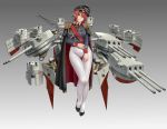  1girl absurdres alternate_costume azur_lane black_cape black_headwear braid breasts cape commentary_request epaulettes high_heels highres large_breasts legs long_hair looking_at_viewer monarch_(azur_lane) red_hair red_ribbon ribbon rigging simple_background skin_tight solo thighs turret white_legwear yoga_(1013968) 