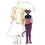  2girls animal_ears back bare_arms blonde_hair brown_hair cat_ears cat_girl catra from_behind full_body halang_rubsas2 height_difference highres korean_commentary masters_of_the_universe multiple_girls shared_umbrella she-ra she-ra_and_the_princesses_of_power simple_background tall_female umbrella white_background 