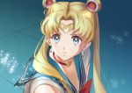  1girl bishoujo_senshi_sailor_moon blonde_hair blue_eyes blue_sailor_collar breasts choker cleavage crescent crescent_earrings derivative_work diadem double_bun earrings eyebrows_visible_through_hair heart heart_choker highres jewelry long_hair red_choker riri_(ot_nay9) sailor_collar sailor_moon sailor_moon_redraw_challenge sailor_senshi sailor_senshi_uniform screencap_redraw solo tsukino_usagi twintails upper_body 