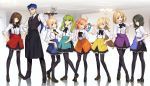  1boy 6+girls absurdres ahoge aora aozaki_aoko apron aqua_eyes arcueid_brunestud artoria_pendragon_(all) bangs black_apron black_bow black_eyes black_hair black_legwear black_pants black_skirt blonde_hair blue_apron blue_eyes blue_hair bow bowtie braid breasts brown_hair character_request closed_mouth collared_shirt cu_chulainn_(fate)_(all) cup dress_shirt earrings fate/grand_order fate/stay_night fate_(series) french_braid fujimaru_ritsuka_(female) full_body green_eyes green_hair grin hair_between_eyes hand_on_hip highres jewelry kara_no_kyoukai lancer large_breasts long_hair long_sleeves looking_at_viewer looking_back mahou_tsukai_no_yoru medium_breasts multiple_girls necktie one_eye_closed one_side_up open_mouth orange_apron orange_eyes orange_hair pants pantyhose ponytail purple_apron red_apron red_eyes ryougi_shiki saber shirt short_hair sidelocks skirt sleeves_rolled_up small_breasts smile spiked_hair teacup teapot tray tsukihime twintails type-moon waist_apron white_shirt yellow_apron 
