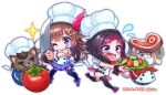  1girl azki_(hololive) black_hair brown_hair chef_hat chibi cooking food game hat hololive long_hair meat noyaariho one_eye_closed open_mouth overcooked short_hair simple_background tokino_sora tokino_sora_channel tomato vegetable virtual_youtuber white_background 
