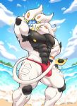  2020 abs anthro anthrofied bulge clothing detailed_background felid feline front_view fur hi_res legendary_pok&eacute;mon male mammal muscular muscular_male nintendo nipples pecs pok&eacute;mon pok&eacute;mon_(species) raikarou solgaleo solo thong tongue tongue_out underwear video_games white_body white_fur 