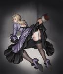  2boys absurdres all_fours ass black_dress black_legwear blue_eyes cloud_strife commentary_request crossdressing don_corneo dress dress_lift final_fantasy final_fantasy_vii final_fantasy_vii_remake frilled_dress frills from_behind garter_straps high_heels highres huge_filesize legs long_hair looking_back multicolored multicolored_clothes multicolored_dress multiple_boys otoko_no_ko out_of_frame panties pantyshot parted_lips purple_dress purple_footwear shadow sidelocks skindentation skyfiss thighhighs tiara underwear wide_sleeves 