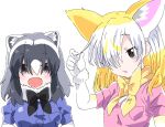  2girls alternate_hairstyle animal_ears bangs blush bow bowtie brown_eyes commentary_request common_raccoon_(kemono_friends) eyebrows_visible_through_hair fennec_(kemono_friends) hakoneko_(marisa19899200) highres holding holding_hair kemono_friends long_hair multiple_girls white_background 