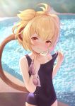  1girl andira_(granblue_fantasy) animal_ears bare_shoulders blonde_hair blush closed_mouth erune eyebrows_visible_through_hair goggles granblue_fantasy highres holding_goggles kimblee looking_at_viewer monkey_ears monkey_tail one-piece_swimsuit pool red_eyes school_swimsuit short_hair smile solo swimsuit tail water 