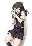  1girl absurdres against_wall black_hair black_legwear black_skirt black_vest brown_eyes commentary_request feet_out_of_frame gloves hair_ornament hairclip highres kantai_collection kneehighs long_hair looking_at_viewer open_mouth oyashio_(kantai_collection) pleated_skirt round_teeth shirt short_sleeves simple_background skirt smile solo teeth uni_(uni-strain) upper_body upper_teeth vest white_background white_gloves white_shirt 