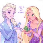  &lt;3 1:1 amphibian blonde_hair blue_body blue_eyes blue_scaled blue_scales blush braided_hair bruni_(frozen) clothing dress duo english_text eyeshadow female frozen_(movie) green_body green_eyes green_scales hair human human_focus lizard long_hair makeup male mammal pascal_(disney) queen_elsa_(frozen) rapunzel_(tangled) reptile salamander_(amphibian) scales scalie seoyeon simple_background size_difference tangled_(disney) text tongue tongue_out white_background 