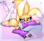  black_claws black_sclera blue_eyes canid canine claws clothing comic_book digimon digimon_(species) eyebrows female fingers fur gloves handwear hi_res looking_down mammal markings pawpads pillow pink_background pink_pawpads purple_markings reading renamon simple_background solo spritermx toe_claws toes white_body white_fur yellow_body yellow_fur 