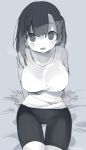  1girl bangs bike_shorts blush breasts eyebrows_visible_through_hair greyscale highres large_breasts long_sleeves looking_at_viewer monochrome one_side_up open_mouth original shirt short_sleeves signature simple_background sitting solo yuzuki_gao 