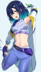  1girl :d absurdres arm_up armpits ass_visible_through_thighs bangs blue_background blue_footwear blue_hair blush breasts brown_eyes clothes_writing commentary_request covered_collarbone cowboy_shot ear_piercing eyebrows_behind_hair fanny_pack fujitsubo_(hujitubo0731) gloves gradient_hair green_gloves hair_between_eyes hair_ornament hairclip head_tilt highres jacket leggings long_sleeves looking_at_viewer medium_breasts midriff multicolored_hair navel off-shoulder_jacket open_clothes open_jacket open_mouth original pants piercing purple_gloves purple_legwear purple_sports_bra shoes sidelocks simple_background smile sneakers solo sports_bra standing standing_on_one_leg stretch tight tight_pants two-tone_gloves white_jacket 