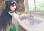  1girl absurdres apron bangs black_hair black_wings bow cooking_oil drain_(object) eyebrows_visible_through_hair faucet feathered_wings food frills green_bow green_skirt hair_bow high_ponytail highres holding holding_food lettuce long_hair looking_at_viewer o1118 open_mouth pepper_shaker ponytail puffy_short_sleeves puffy_sleeves red_eyes reiuji_utsuho ribbon salt_shaker shirt short_sleeves skirt smile solo tomato touhou upper_body water white_shirt wings 