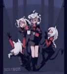  4girls animal_ears armband arms_at_sides arms_up black_gloves black_horns black_jacket black_legwear black_miniskirt black_pants black_skirt black_tail breasts business_suit cerberus_(helltaker) clipboard closed_mouth coffee coffee_cup coffee_mug collared_shirt cup curly_hair demon_girl demon_horns demon_tail disposable_cup dog_ears eyebrows_visible_through_hair fang fangs formal full_body glasses gloves helltaker holding holding_clipboard horns jacket long_hair long_sleeves medium_breasts medium_hair miniskirt mug multiple_girls open_mouth pandemonica_(helltaker) pants red_eyes red_shirt shirt short_hair shuuzen_(shu-zen) siblings sisters skirt small_breasts standing suit sweat sweatdrop tail triplets white_hair 