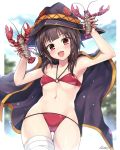  1girl 2others ass_visible_through_thighs bandaged_leg bandages bikini black_cape black_hair blue_sky breasts cape cloud commentary_request cowboy_shot day hat highres kasai_shin kono_subarashii_sekai_ni_shukufuku_wo! lobster looking_at_viewer megumin multiple_others o-ring o-ring_bikini o-ring_top open_mouth outdoors red_bikini red_eyes short_hair sky small_breasts smile swimsuit witch_hat 