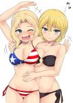  +++ 2girls ;d american_flag_bikini arm_around_shoulder arm_up bangs bikini black_bikini blonde_hair blue_eyes blush braid breasts cleavage closed_mouth commentary cowboy_shot darjeeling_(girls_und_panzer) eighth_note eyebrows_visible_through_hair fang flag_print girls_und_panzer groin hair_intakes hand_on_another&#039;s_stomach highres kay_(girls_und_panzer) kuku123 large_breasts long_hair looking_at_another medium_breasts motion_lines multiple_girls musical_note navel o-ring o-ring_bikini one_eye_closed open_mouth short_hair side-tie_bikini simple_background skin_fang smile standing strapless strapless_bikini string_bikini sweat swimsuit tearing_up tickling tied_hair twin_braids white_background 