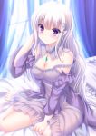  1girl amulet bangs bare_shoulders bed_sheet blunt_bangs blurry blurry_background blush breasts camisole cleavage commentary_request curtains detached_collar emilia_(re:zero) eyebrows_visible_through_hair hair_between_eyes hair_ornament hand_in_hair highres long_hair long_sleeves looking_at_viewer medium_breasts nightgown pillow pointy_ears purple_camisole purple_nightgown re:zero_kara_hajimeru_isekai_seikatsu shimotsuki_keisuke shiny shiny_hair sidelocks silver_hair sitting smile solo very_long_hair window yokozuwari 