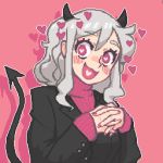  1girl black_suit blush breasts demon_girl demon_horns demon_tail happy hcnone heart heart-shaped_pupils helltaker horns long_sleeves looking_at_viewer modeus_(helltaker) open_mouth pixel_art red_eyes shirt simple_background sleeves_past_wrists smile solo sweater symbol symbol-shaped_pupils tail turtleneck upper_body white_hair 