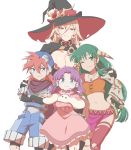  1boy 3girls absurdres bag blonde_hair blue_eyes breasts brown_eyes cleavage dark_green_hair dress earrings eyebrows_visible_through_hair feena_(grandia) feet_out_of_frame fingerless_gloves gloves goggles goggles_on_head grandia grandia_i green_eyes hair_tubes hand_on_another&#039;s_shoulder handbag hat highres indo_no_gyuunyuuya jewelry justin_(grandia) large_breasts long_hair looking_at_viewer low-tied_long_hair multiple_girls navel necklace nijisanji nui_sociere one_eye_closed orange_hair partly_fingerless_gloves purple_hair puui_(grandia) simple_background smile sue_(grandia) thighhighs torn_clothes torn_hat torn_legwear virtual_youtuber white_background witch_hat 