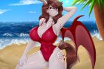  3:2 anthro bat_pony beach big_breasts blush breasts cleavage clothed clothing equid eyewear female glasses hi_res huge_breasts kaikururu looking_at_viewer mammal membrane_(anatomy) membranous_wings my_little_pony one-piece_swimsuit palm_tree pose scarlet_quill_(oc) seaside solo swimwear tree water wings 