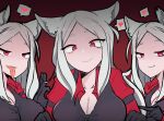  3girls animal_ears armband black_gloves black_vest breasts cerberus_(helltaker) cleavage closed_mouth collared_shirt demon_girl dog_ears fang fangs formal gloves hands_up heart helltaker huge_breasts large_breasts long_hair long_sleeves looking_at_viewer looking_down matching_outfit monster_girl multiple_girls open_eyes open_mouth pointing_at_another pointing_to_the_side red_eyes red_shirt ro_(aahnn) shirt siblings simple_background sisters smile smirk speech_bubble suit tail tongue tongue_out triplets twins vest white_hair 