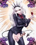  1girl alcohol arm_under_breasts ban black_jacket black_neckwear black_pants black_tail breasts business_suit censored collared_shirt cup demon_girl demon_horns demon_tail drinking_glass eyebrows_visible_through_hair formal gloves hair_ornament head_tilt helltaker highres holding holding_cup horns huge_breasts jacket large_breasts large_penis long_hair long_sleeves looking_at_viewer lucifer_(helltaker) mole mole_under_eye monster_girl necktie neckwear pants penis red_eyes red_shirt shirt simple_background smile smirk solo suit tail testicles upper_body very_long_hair white_background white_gloves white_hair white_horns wine wine_glass 