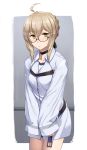  1girl absurdres ahoge alternate_costume artoria_pendragon_(all) black_choker blonde_hair blush braid breasts choker collarbone commentary_request eyebrows_visible_through_hair fate/grand_order fate_(series) glasses hair_between_eyes highres jacket looking_at_viewer medium_breasts mysterious_heroine_x_(alter) nonderi parted_lips semi-rimless_eyewear shirt sleeves_past_wrists solo white_jacket white_shirt yellow_eyes 