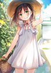  1girl bare_thighs basket blue_sky brown_hair choker cloud day dress floral_background flower frills green_eyes hat head_tilt looking_at_viewer medium_hair original plant rangu sky sleeveless sleeveless_dress smile solo standing straw_hat sun_hat sundress sunlight thighs white_dress 