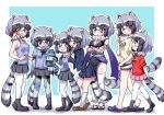  6+girls adapted_costume alternate_costume animal_ears bare_legs bare_shoulders black_legwear black_neckwear black_skirt blue_hair blue_sweater blush bow bowtie brown_eyes commentary_request common_raccoon_(kemono_friends) crocs crossed_arms denim denim_shorts elbow_gloves eyebrows_visible_through_hair fang fishnets full_body fur_collar gloves grey_hair hand_on_another&#039;s_shoulder height_difference highres holding_hands kemono_friends long_sleeves lucky_beast_(kemono_friends) multicolored_hair multiple_girls multiple_views navy_blue_jacket navy_blue_shirt ngetyan open_mouth palcoarai-san_(kemono_friends) pantyhose patchwork_skin pink_sweater pleated_skirt raccoon_ears raccoon_girl raccoon_tail red_eyes red_shirt school_uniform shirt short_hair short_shorts short_sleeves shorts simple_background skirt sleeveless socks sweat sweater t-shirt tail thighhighs torn_clothes torn_legwear translation_request white_hair white_legwear yellow_shirt zettai_ryouiki zombie 